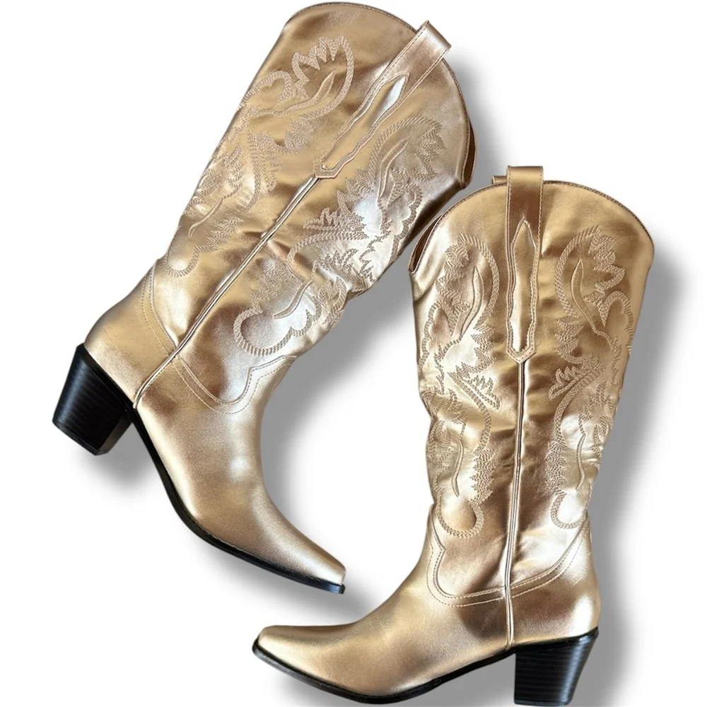 Women's Gold Metallic Cowboy Boots Size 8.5 - Picture 2 of 6